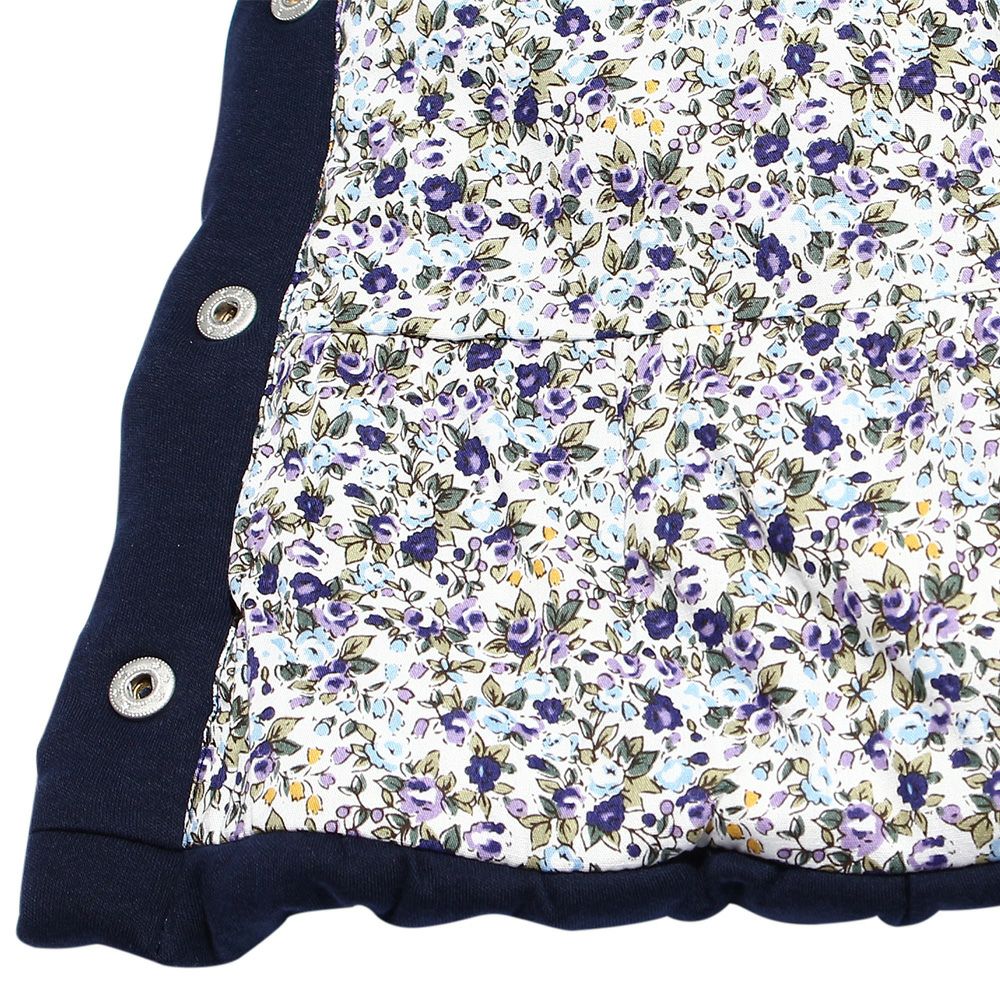 100 % cotton ribbon & frilled round collar flower pattern batting vest Navy Design point 2