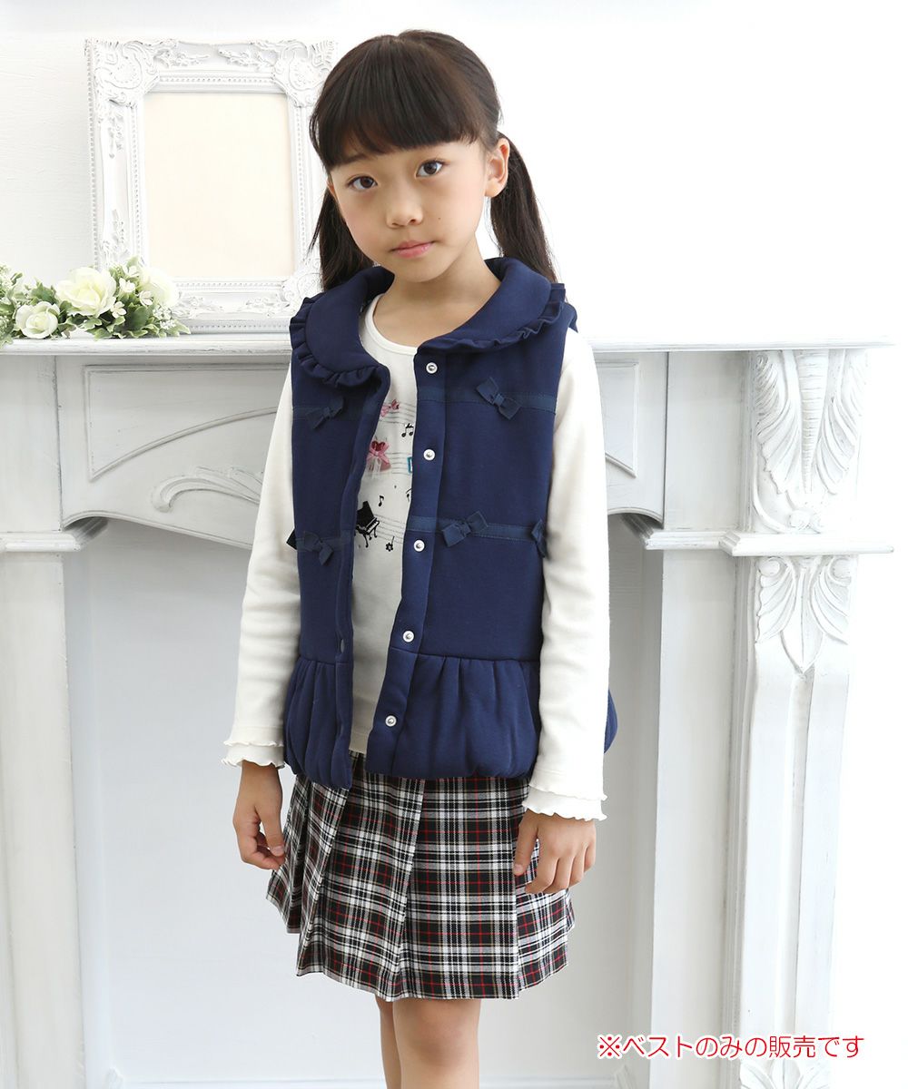 100 % cotton ribbon & frilled round collar flower pattern batting vest Navy model image 1