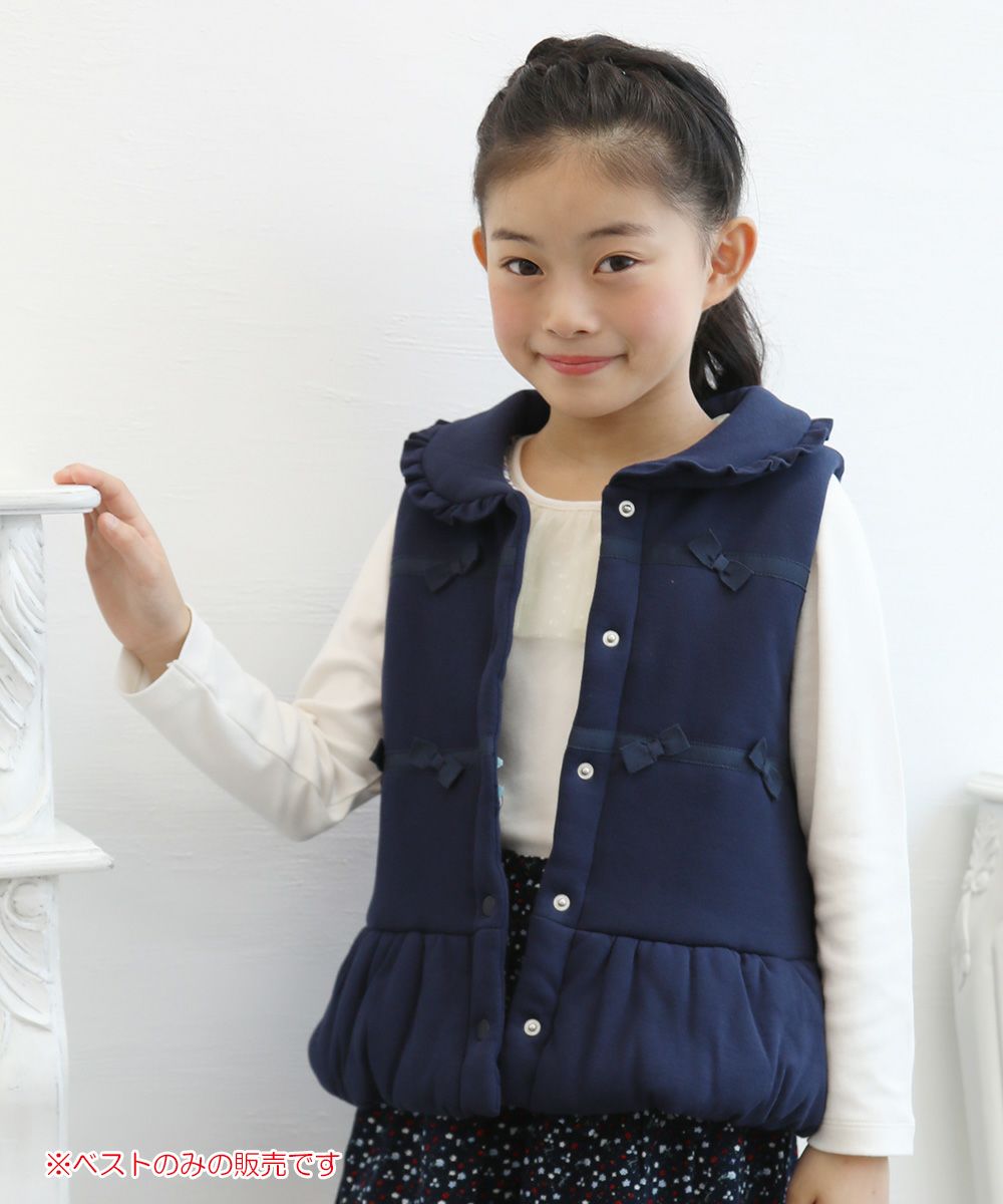 100 % cotton ribbon & frilled round collar flower pattern batting vest Navy model image 3