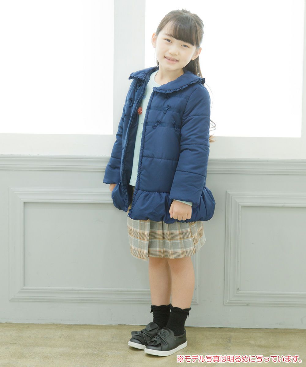Frill collar zip -up with ribbon There is a batting coat Navy model image whole body