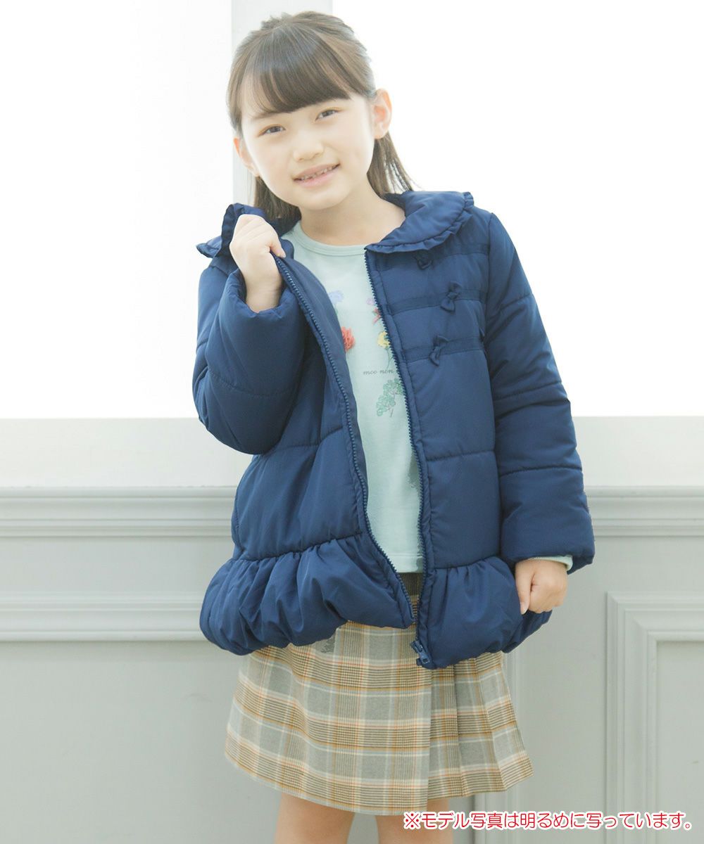 Frill collar zip -up with ribbon There is a batting coat Navy model image 1