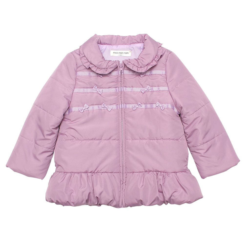 Frill collar zip -up with ribbon There is a batting coat Purple front