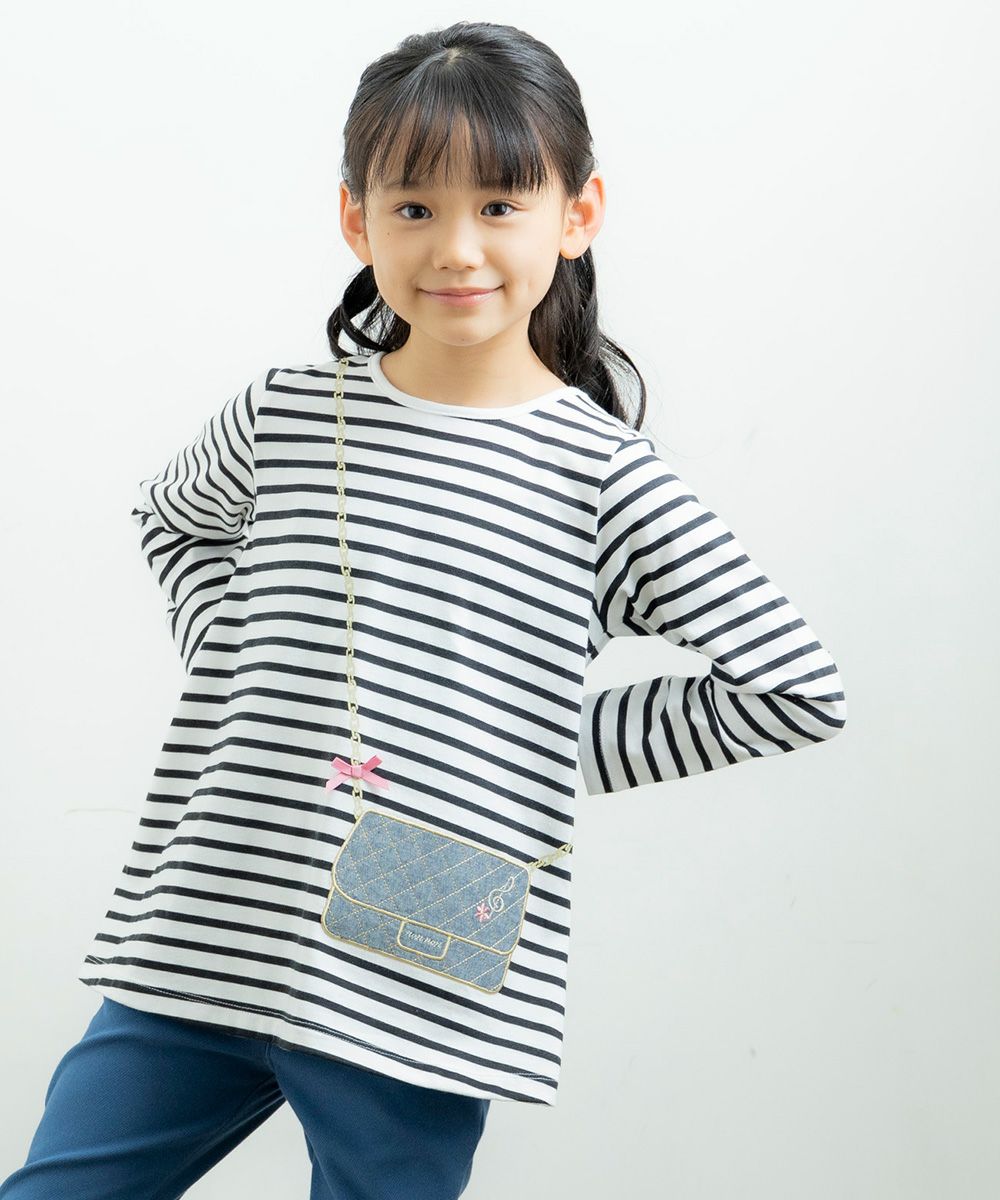 Children's clothing girl 100 % border pattern Pochette with motif T -shirt off -white (11) Model image up