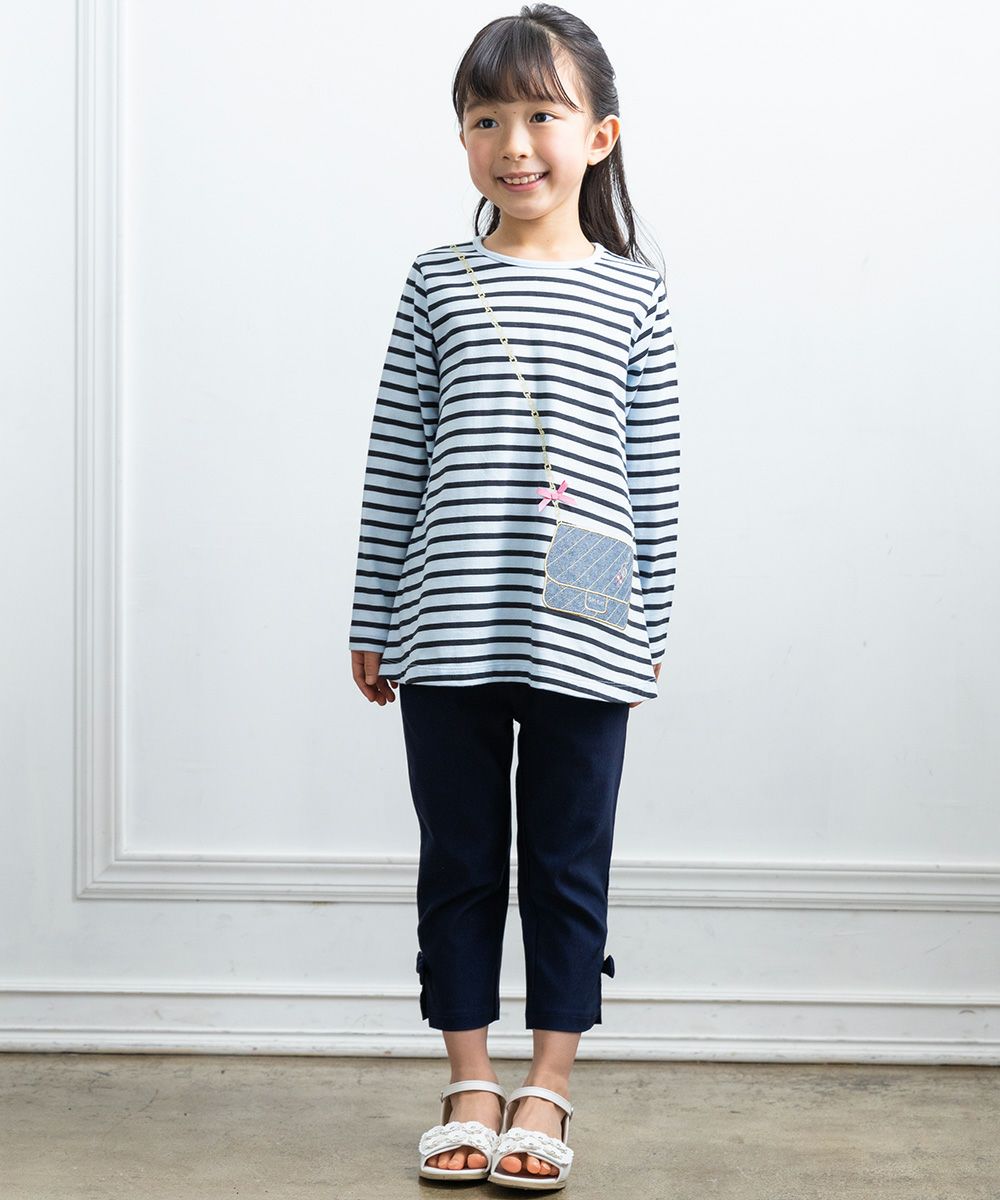 Children's clothing girl 100 % border pattern Pochette with motif T -shirt blue (61) model image whole body