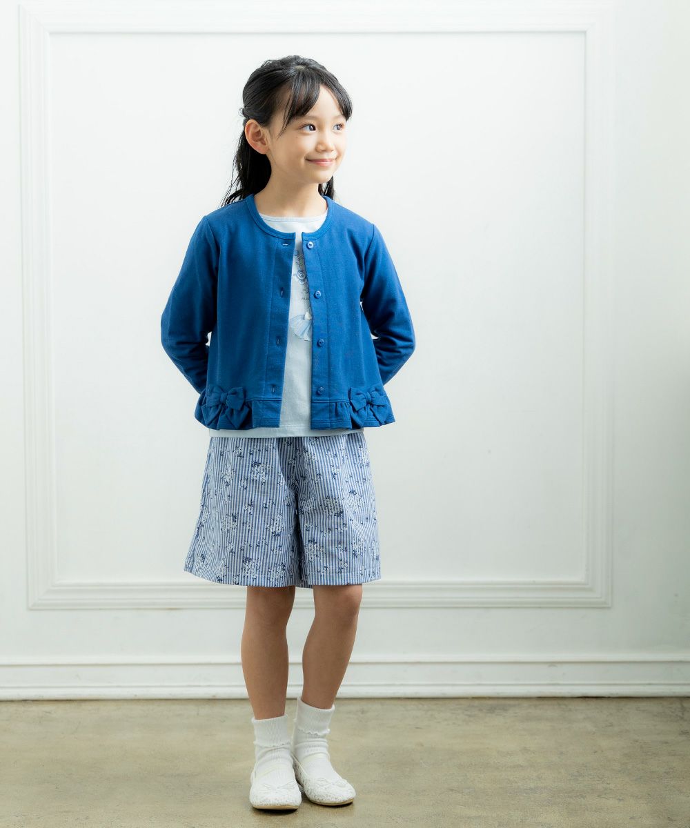 Children's clothing girl ribbon & frilled mini french terry cardigan navy (06) model image whole body