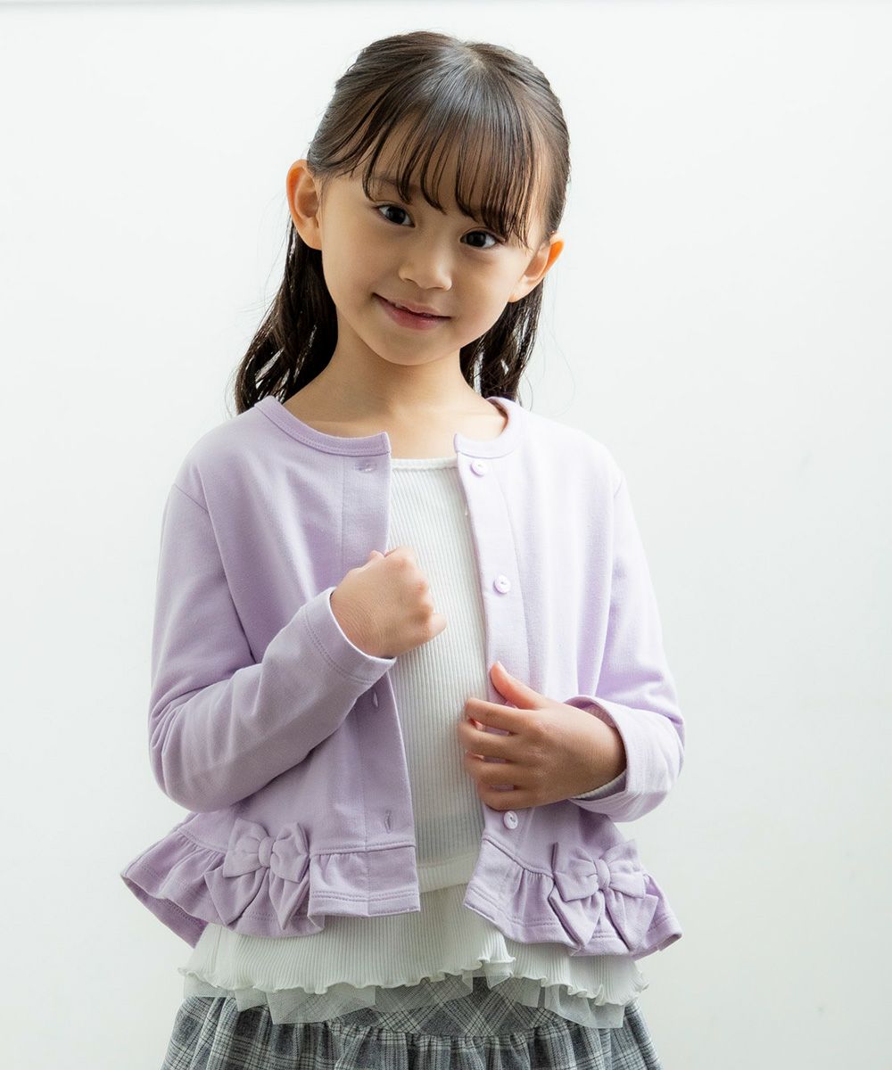 Children's clothing girl ribbon & frilled mini french terry cardigan purple (91) model image up