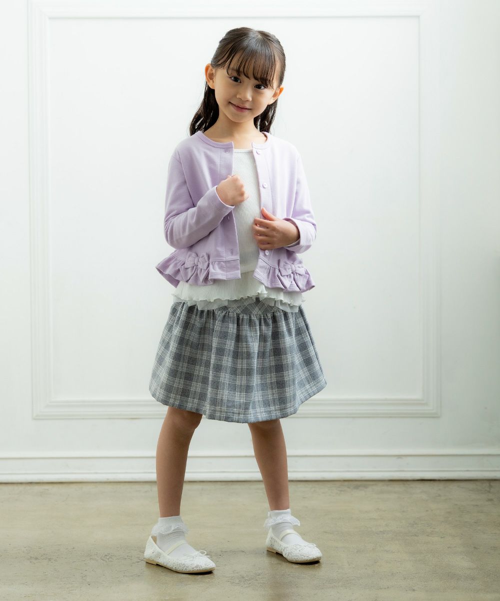 Children's clothing girl ribbon and frilled mini french terry cardigan purple (91) model image whole body
