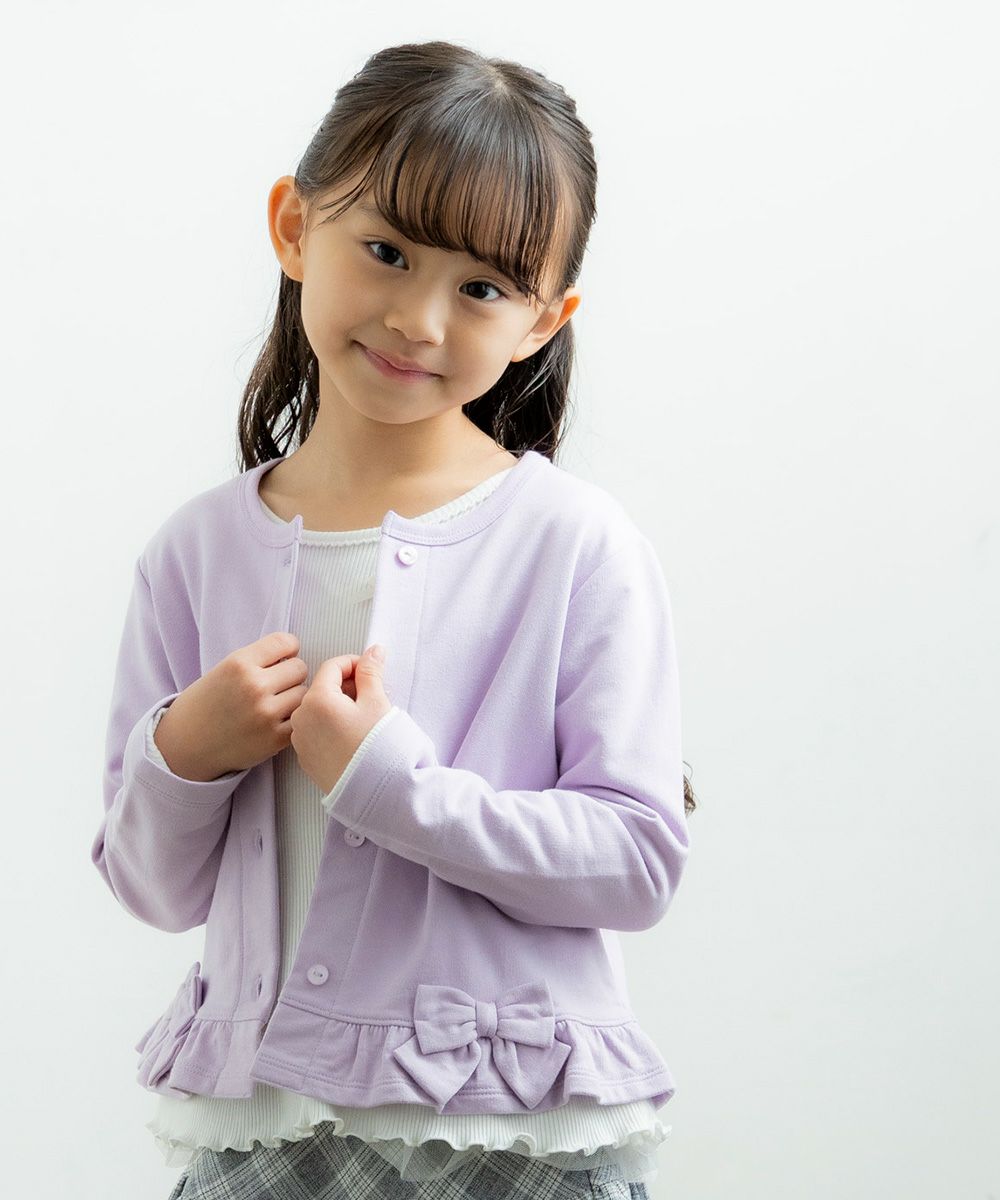 Children's clothing girl ribbon and frilled mini french terry cardigan purple (91) model image 1