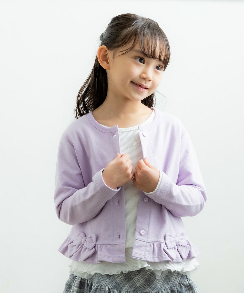 Children's clothing girl ribbon and frilled mini french terry cardigan purple (91) model image 4