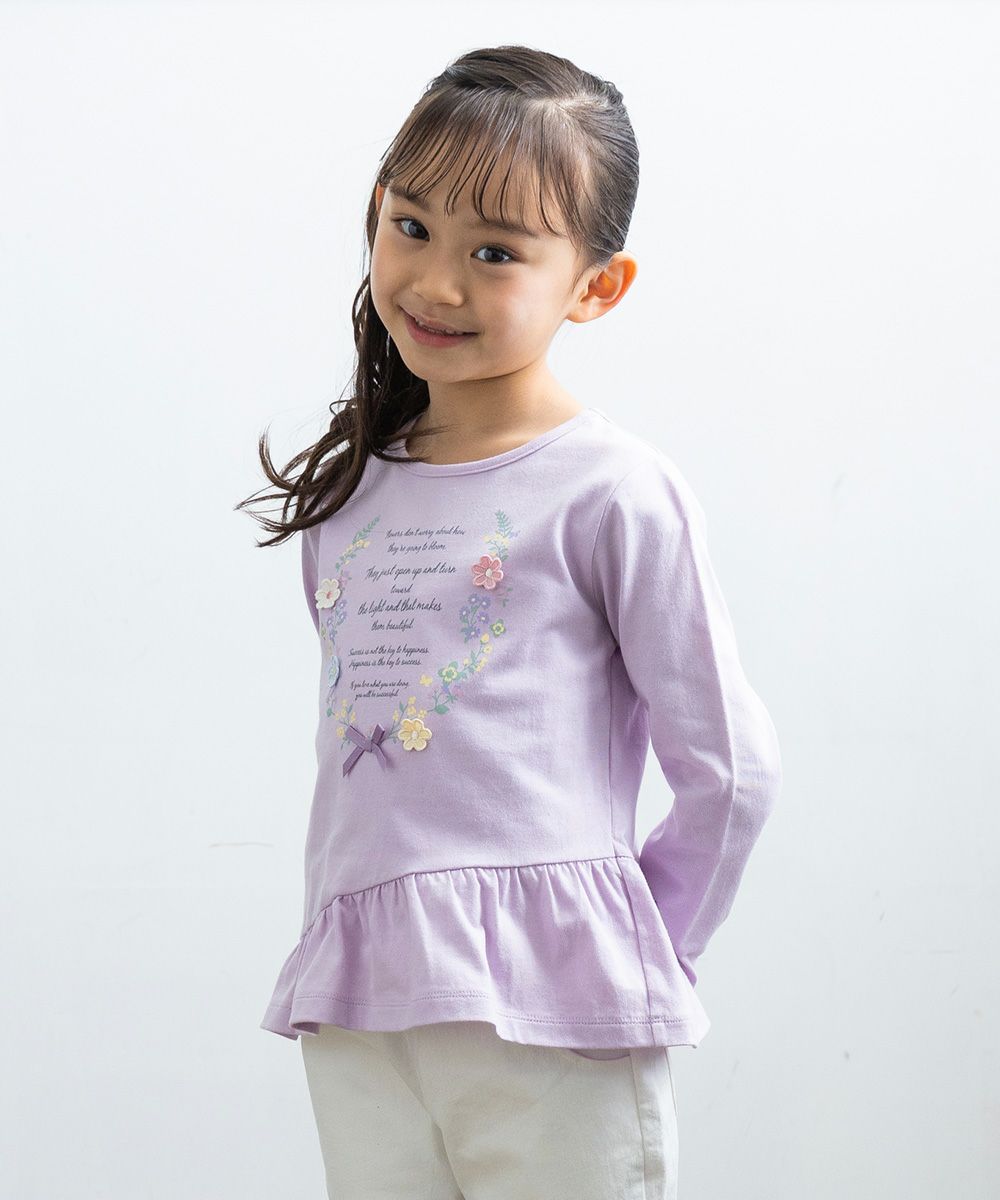 Children's clothing girl 100 % cotton logo & flower print T -shirt purple (91) model image up