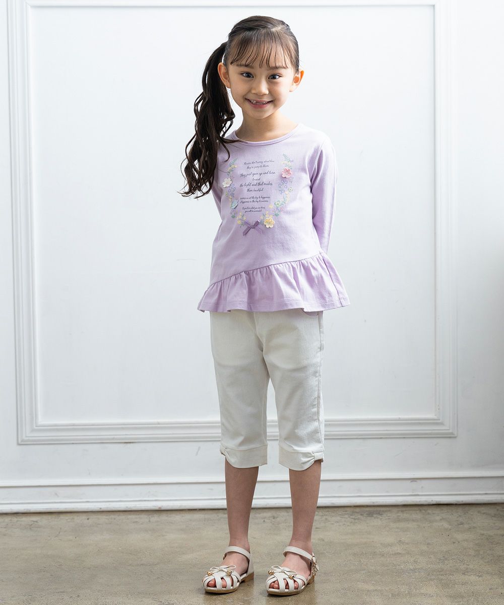 Children's clothing girl 100 % cotton logo & flower print T -shirt purple (91) model image whole body