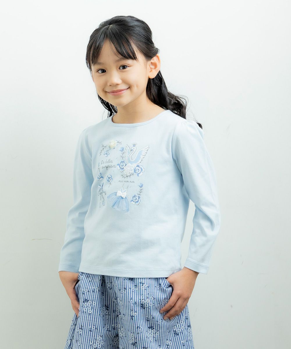 Children's clothing girl 100 % cotton Swan Swampling T -shirt Blue (61) Model image whole body