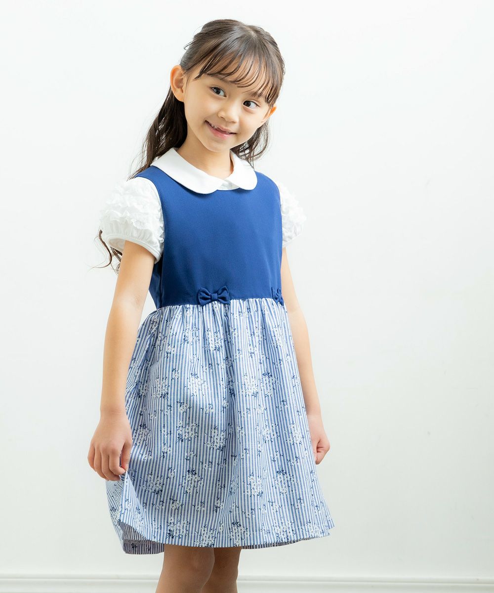 Floral pattern & striped pattern dress Navy model image whole body