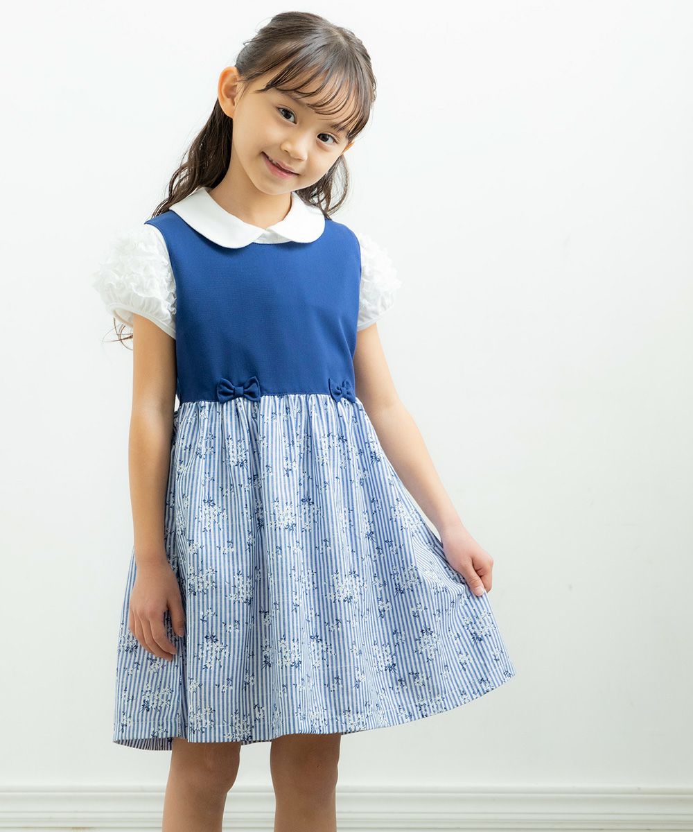 Floral pattern & striped pattern dress Navy model image 2