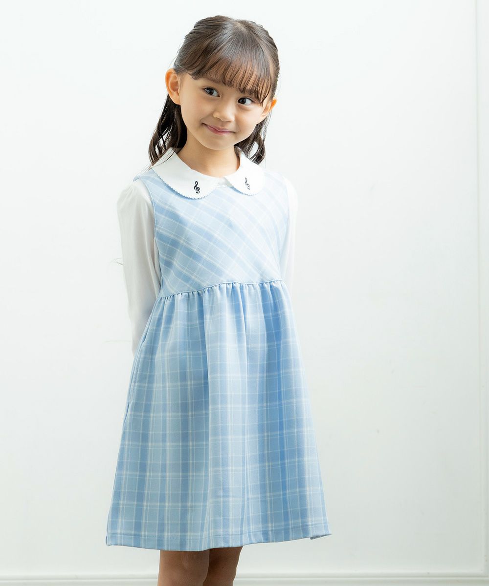 Check pattern gather dress Blue model image up