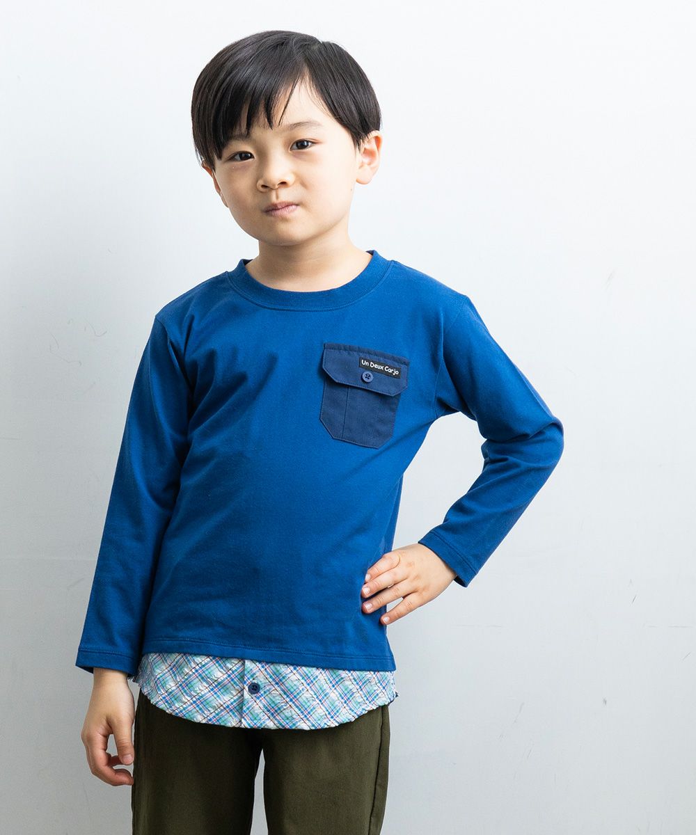 Children's clothing boys check Pattern -style dressing style T -shirt navy (06) Model image up