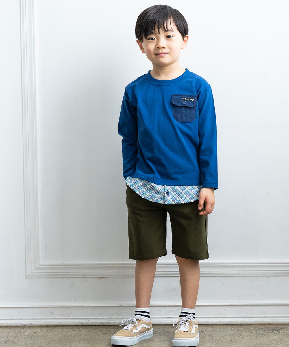 Children's clothing boys check Pattern -style dressing style T -shirt navy (06) model image whole body