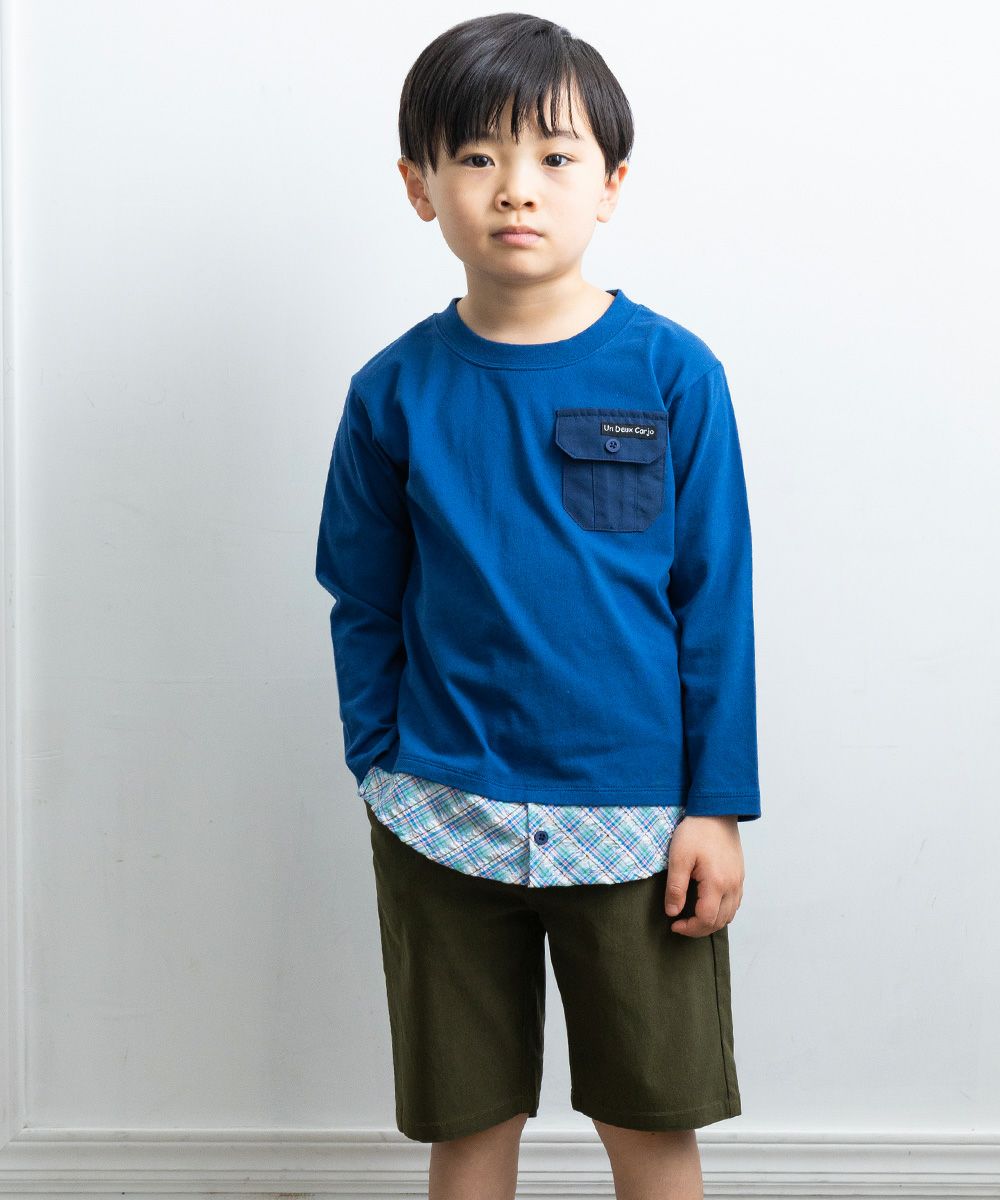 Children's clothing boys check Pattern -style dressing style T -shirt navy (06) Model image 2