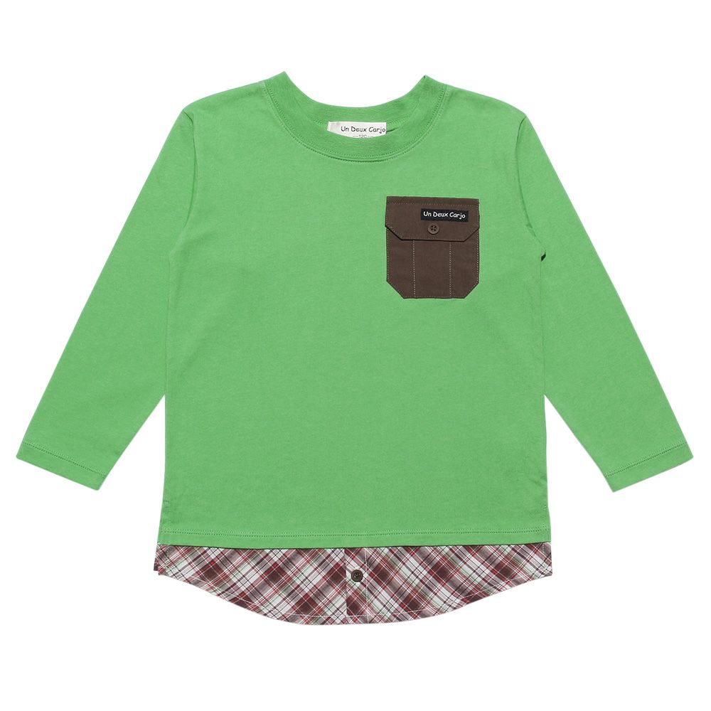 Children's clothing boys checked Pattern -style dressing style T -shirt green (08) front