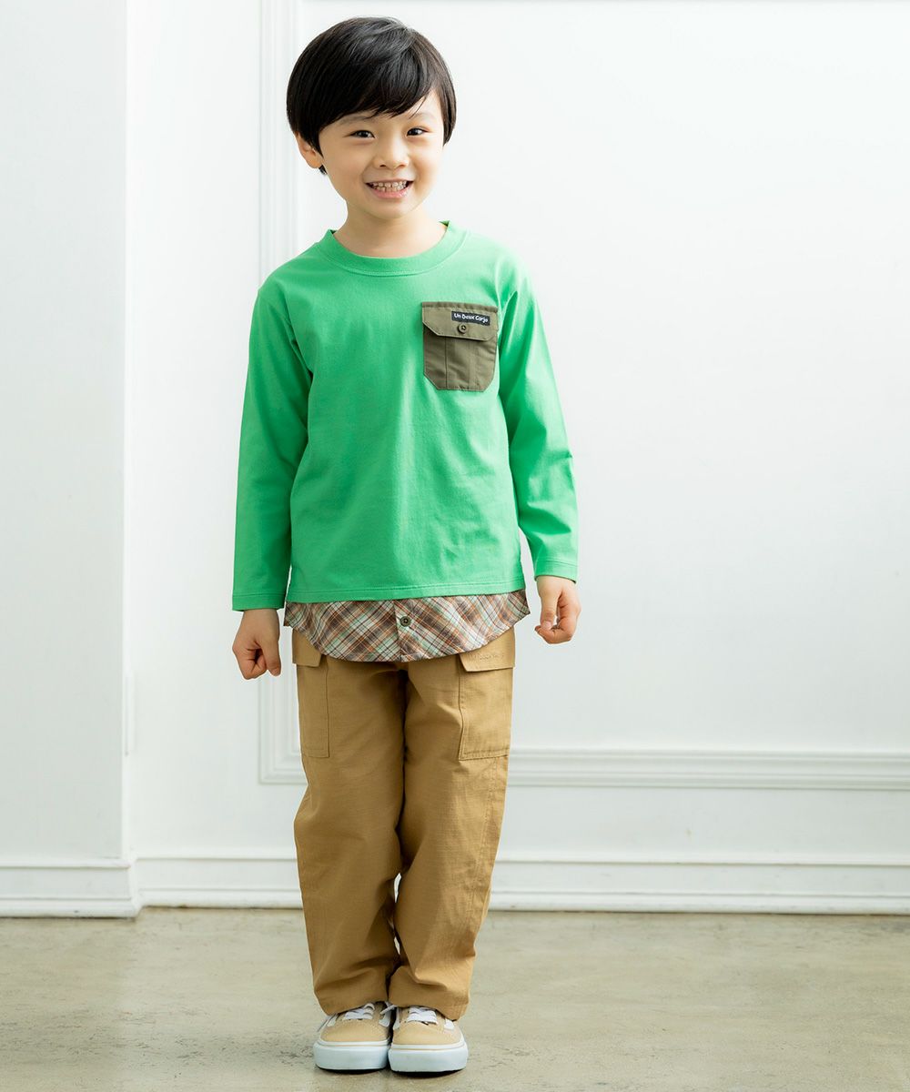 Children's clothing Boy Boys Check Pattern Wearing style T -shirt Green (08) Model image whole body