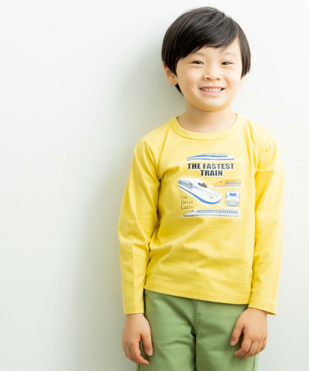 100 % cotton vehicle series train print T -shirt Yellow model image whole body