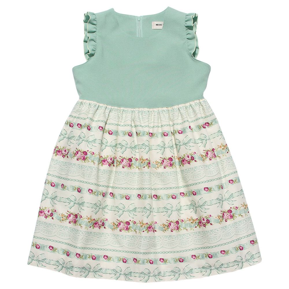 Japanese floral pattern & ribbon dress Green front