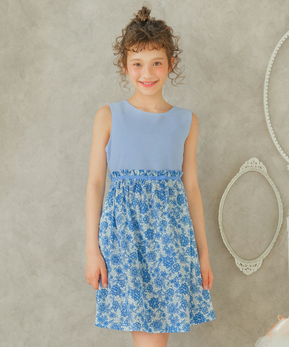 Made in Japan Floral pattern dress with ribbon Blue model image up