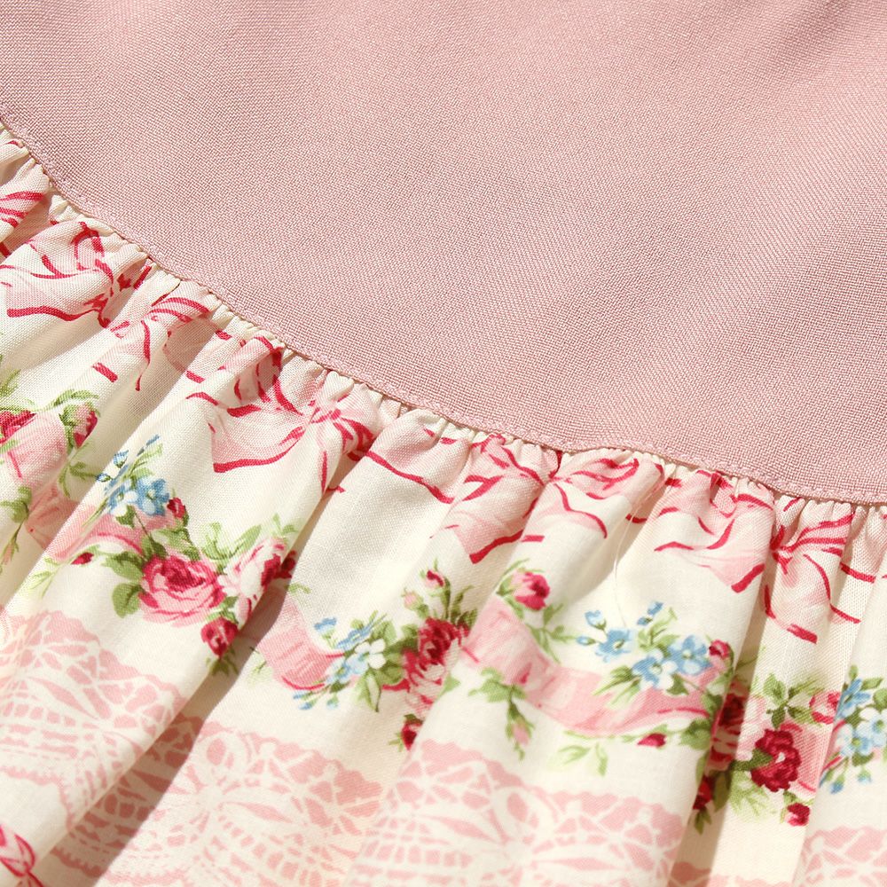 Japan -made floral pattern & ribplet lint dress Pink Design point 1