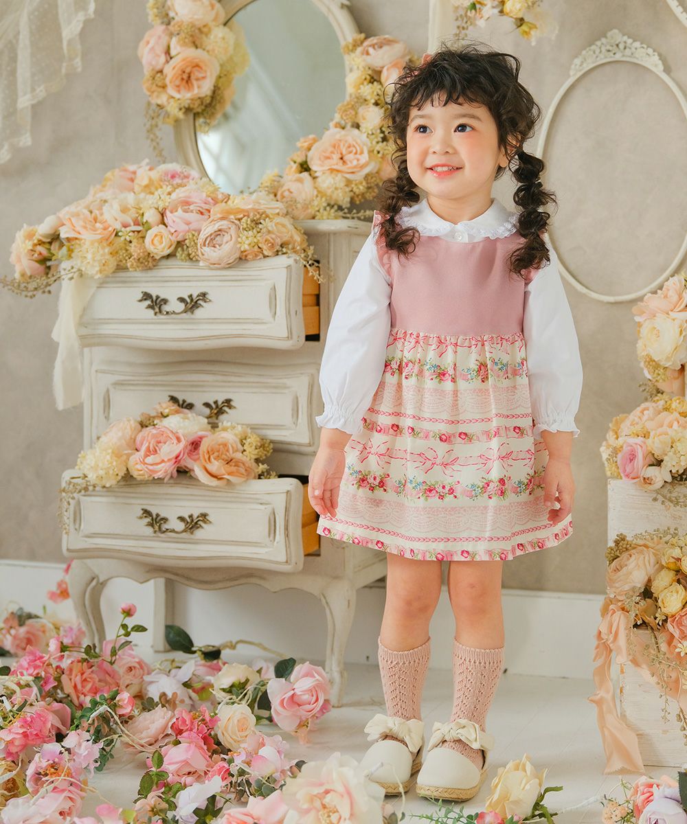 Japan -made floral pattern & ribplet lint dress Pink model image up
