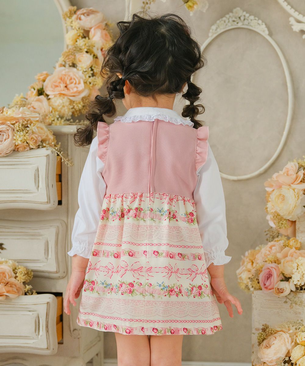 Japan -made floral pattern & ribplet lint dress Pink model image 2