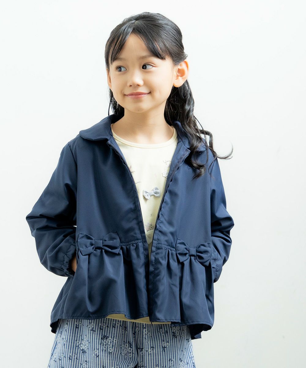 Food storage with ribbon frills round collar zip -up hoodie Navy model image up
