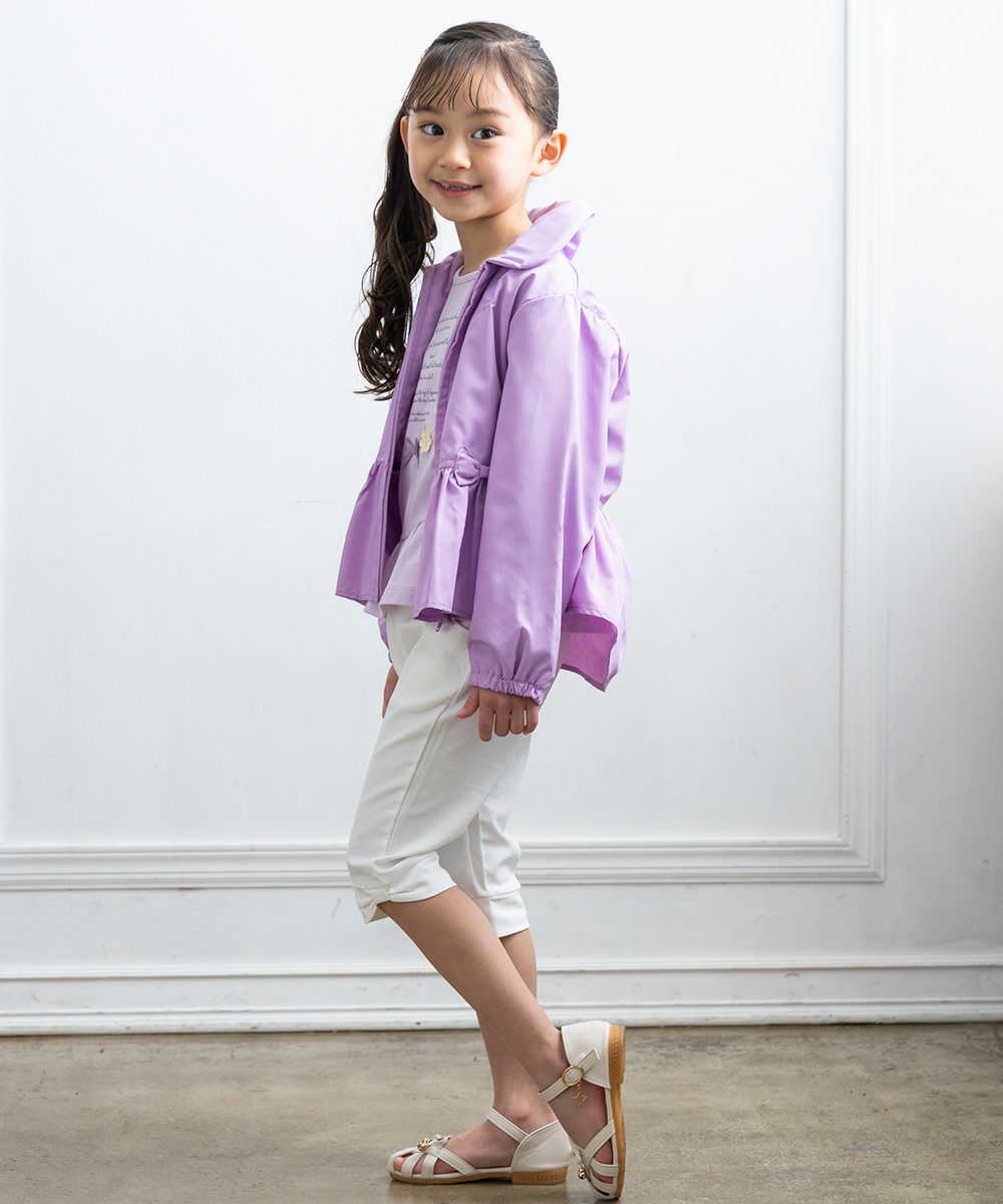 Food storage with ribbon frills round collar zip -up hoodie Purple model image whole body