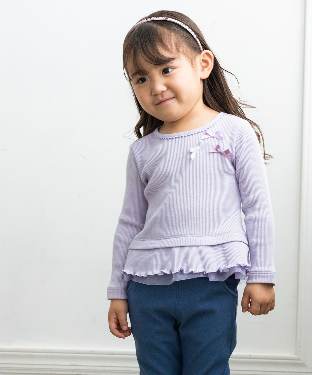 T -shirt with tulle frilled with ribbon Purple model image up