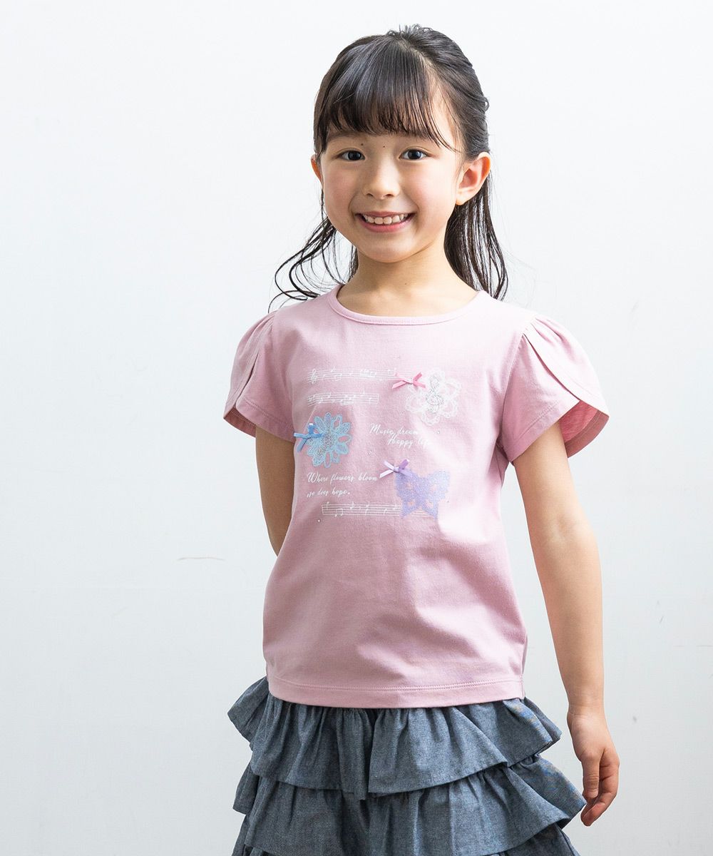 100 % cotton butterfly and flower print T-shirt Pink model image up