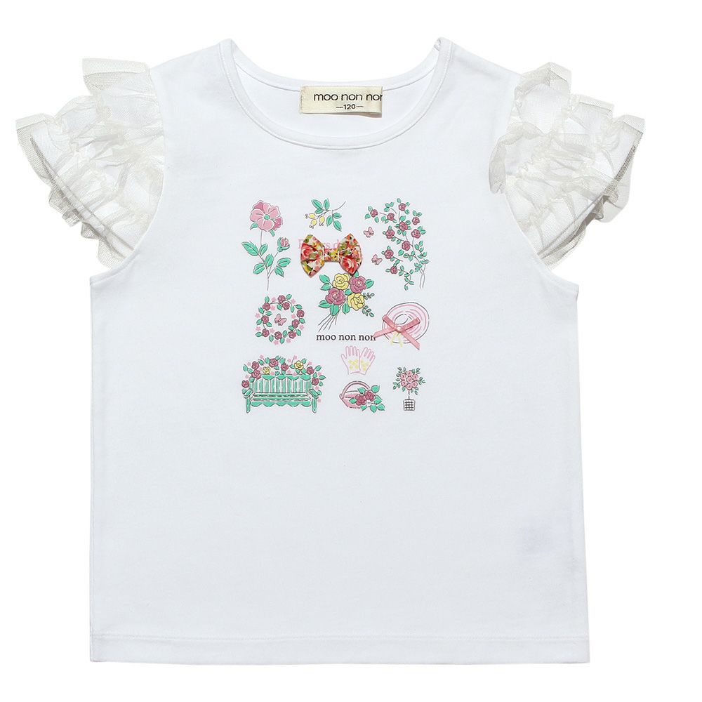 T -shirt with flower print & ribbon Off White front