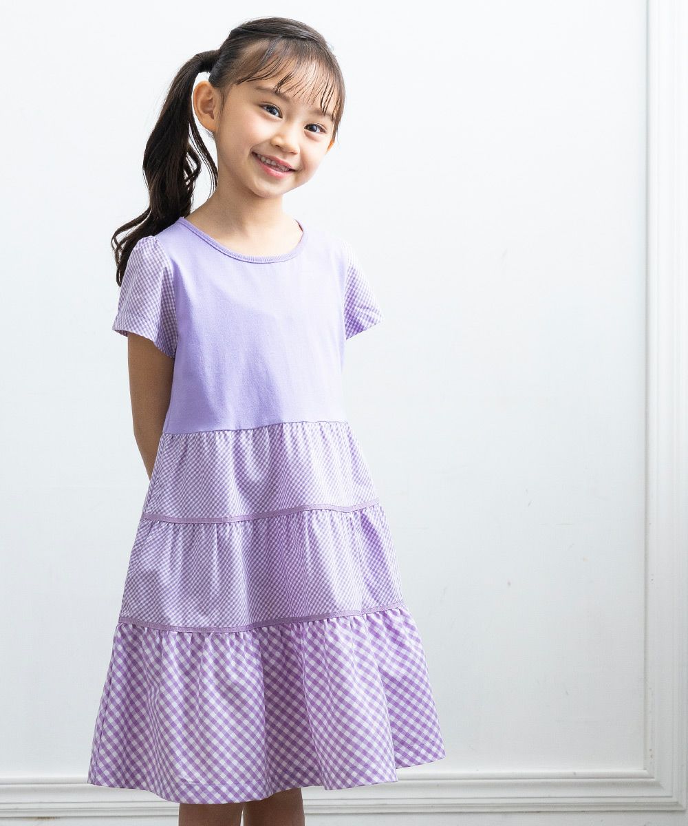 Gingham check patterned dress Purple model image up