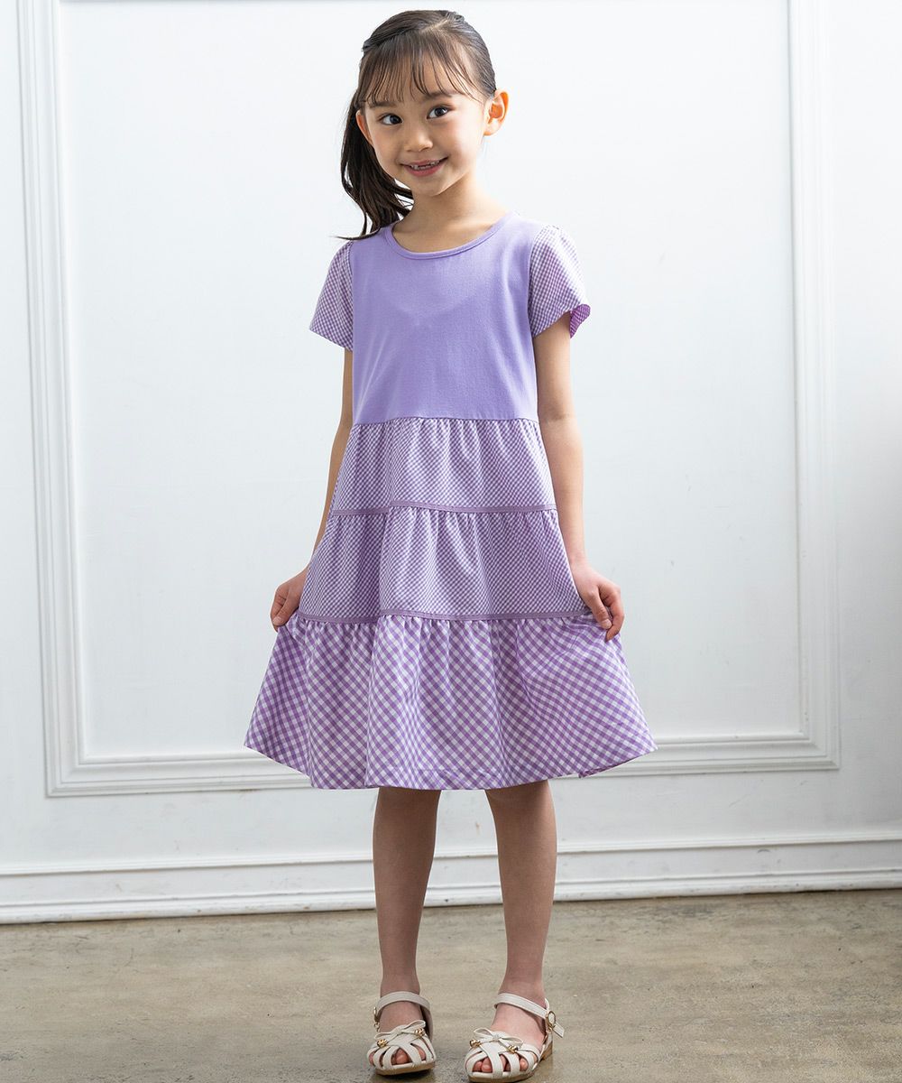 Gingham check patterned dress Purple model image whole body