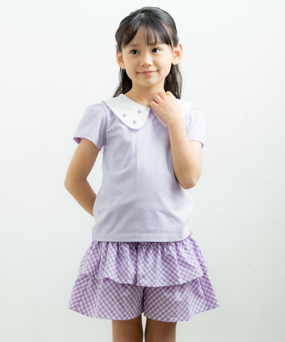 Children's clothing girl gingham check pattern culotto pants purple (91) model image 3