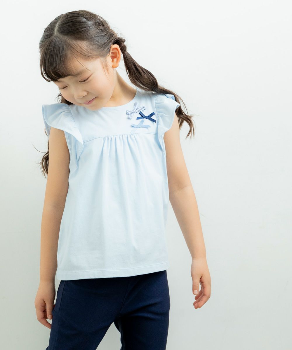 100 % cotton T-shirt with ribbons Blue model image whole body