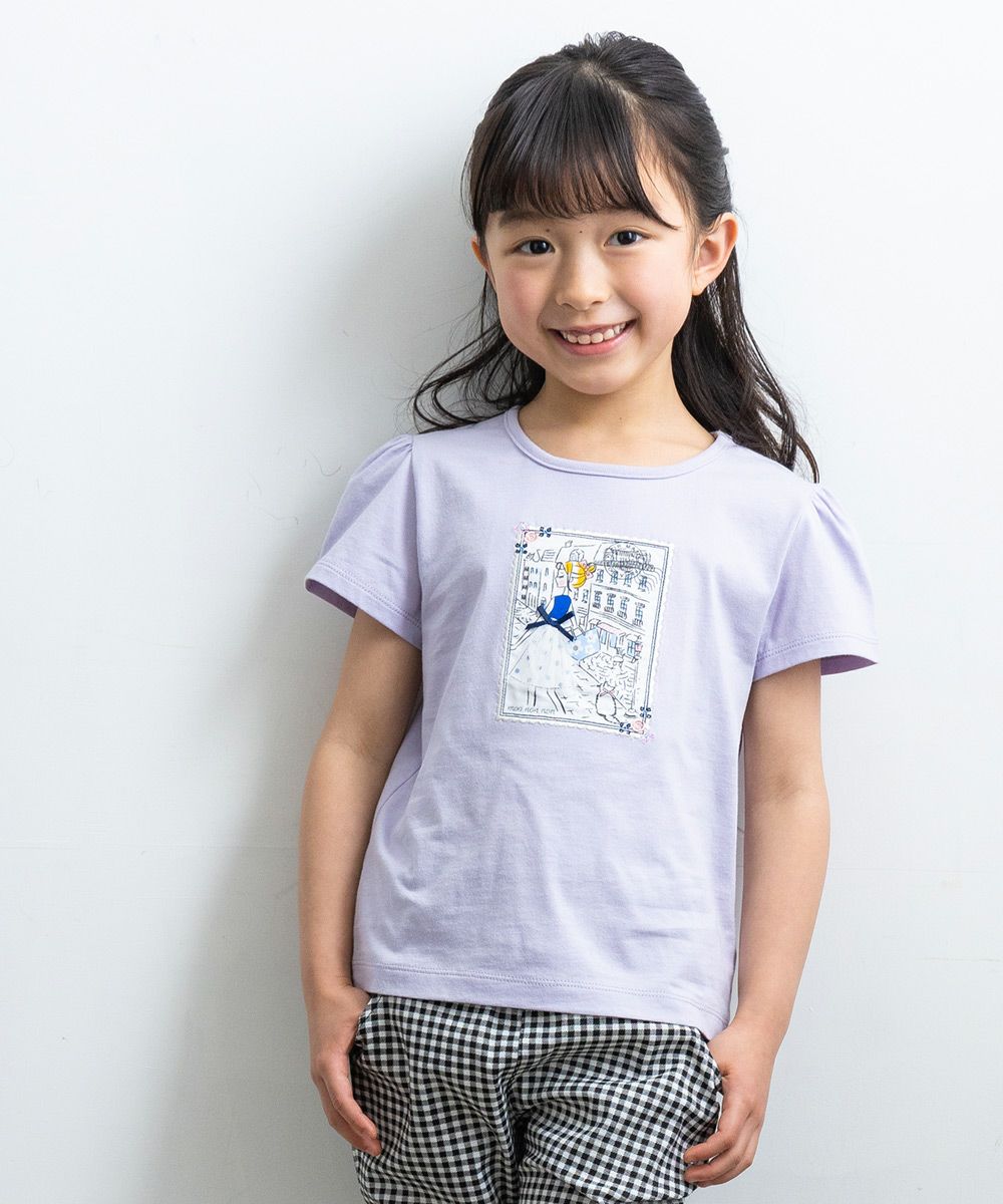 100 % cotton postcard girl print T -shirt Purple model image up