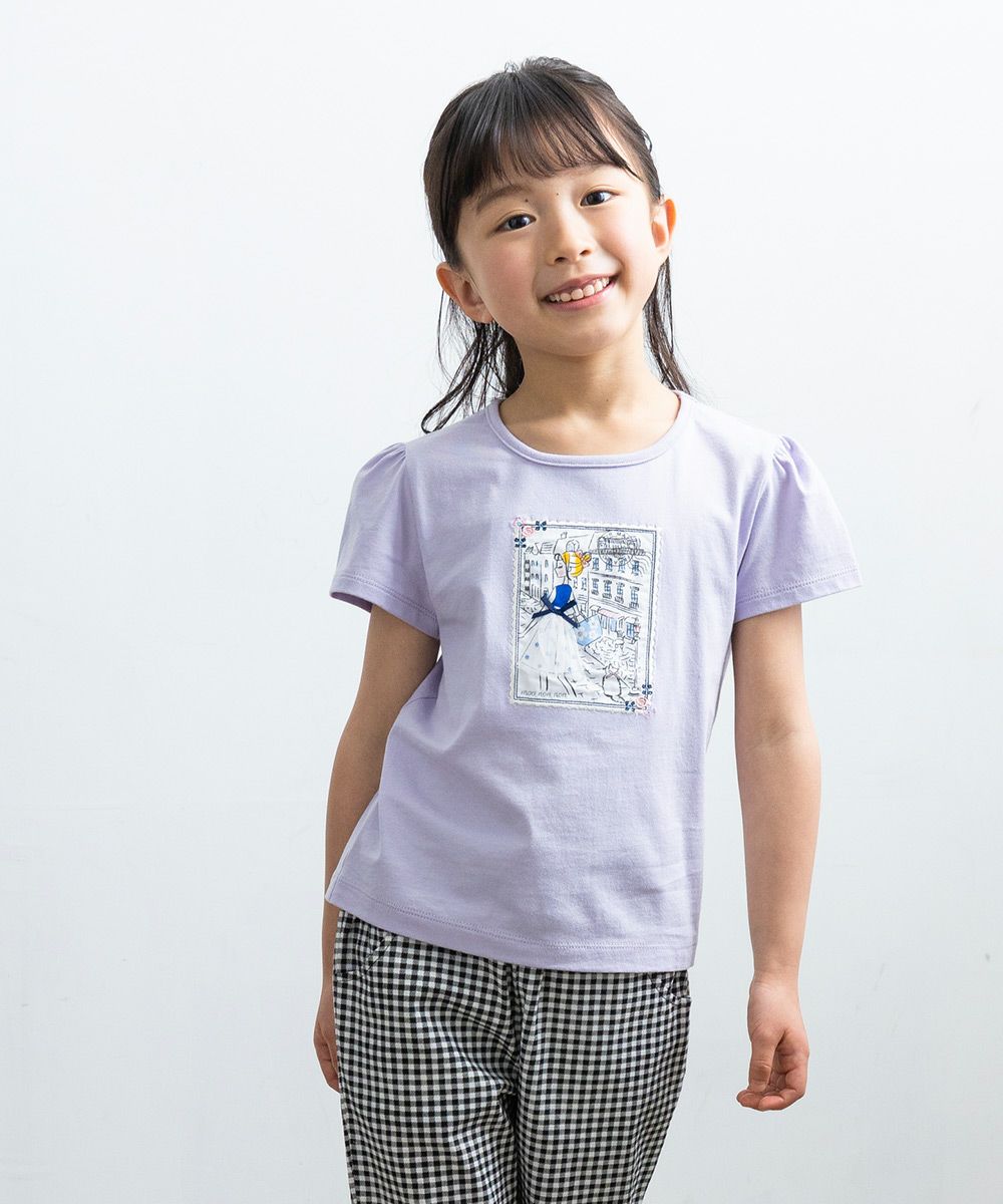 100 % cotton postcard girl print T -shirt Purple model image 1
