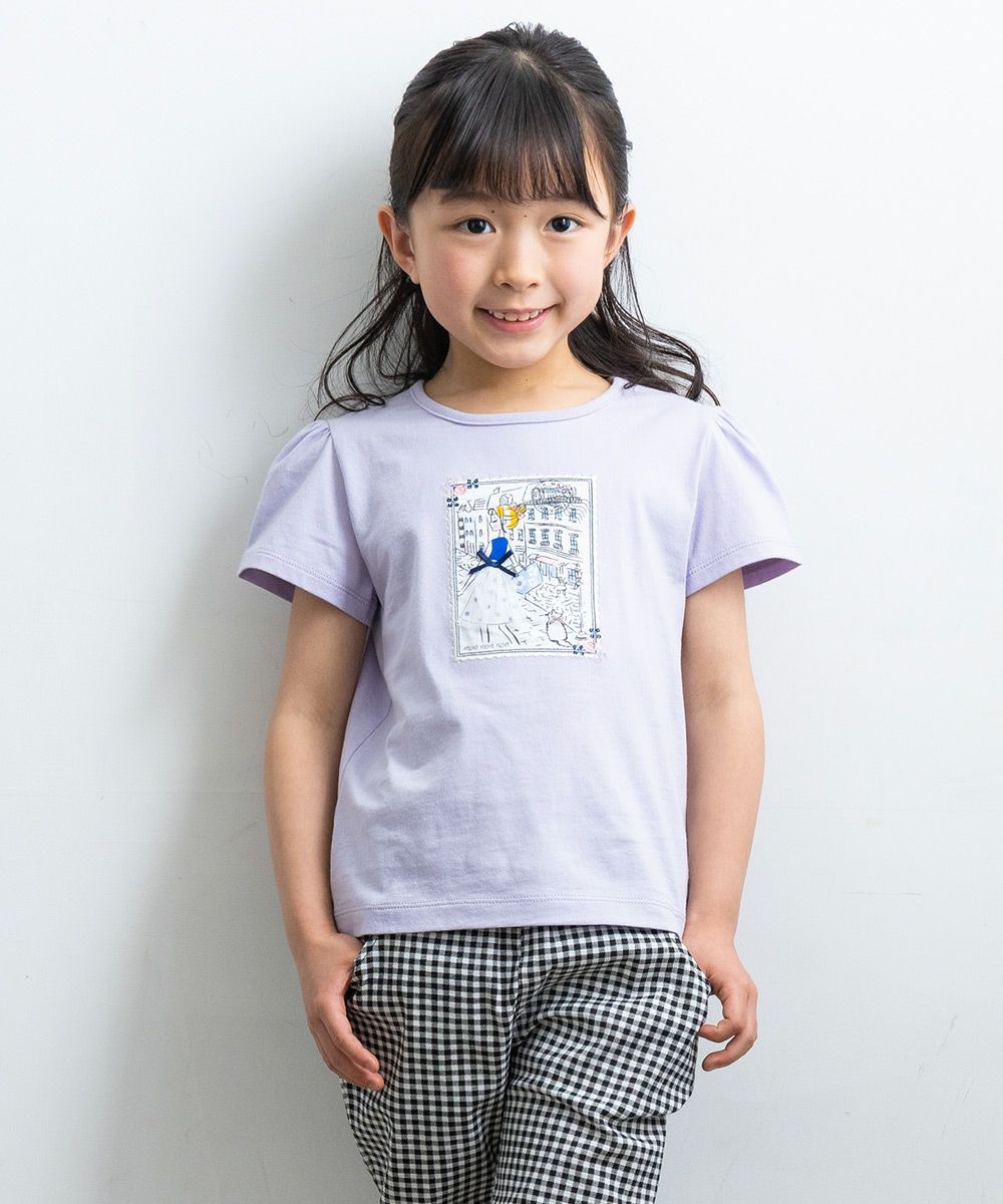 100 % cotton postcard girl print T -shirt Purple model image 3