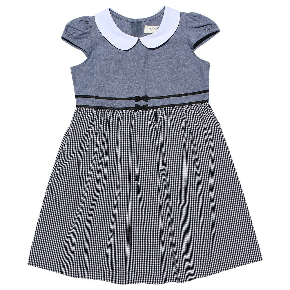 Gingham check dress with collar Black front