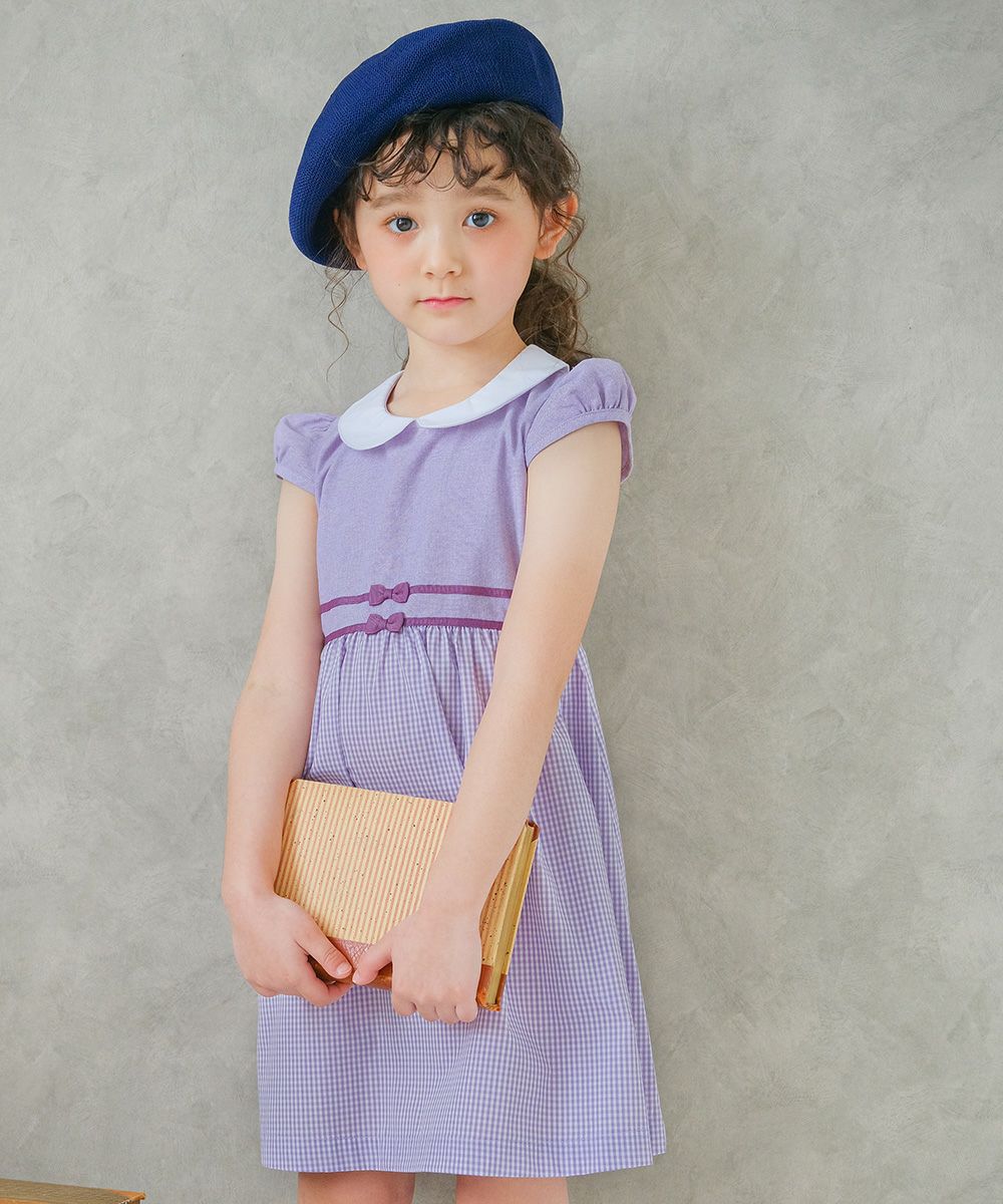 Gingham check dress with collar Purple model image up