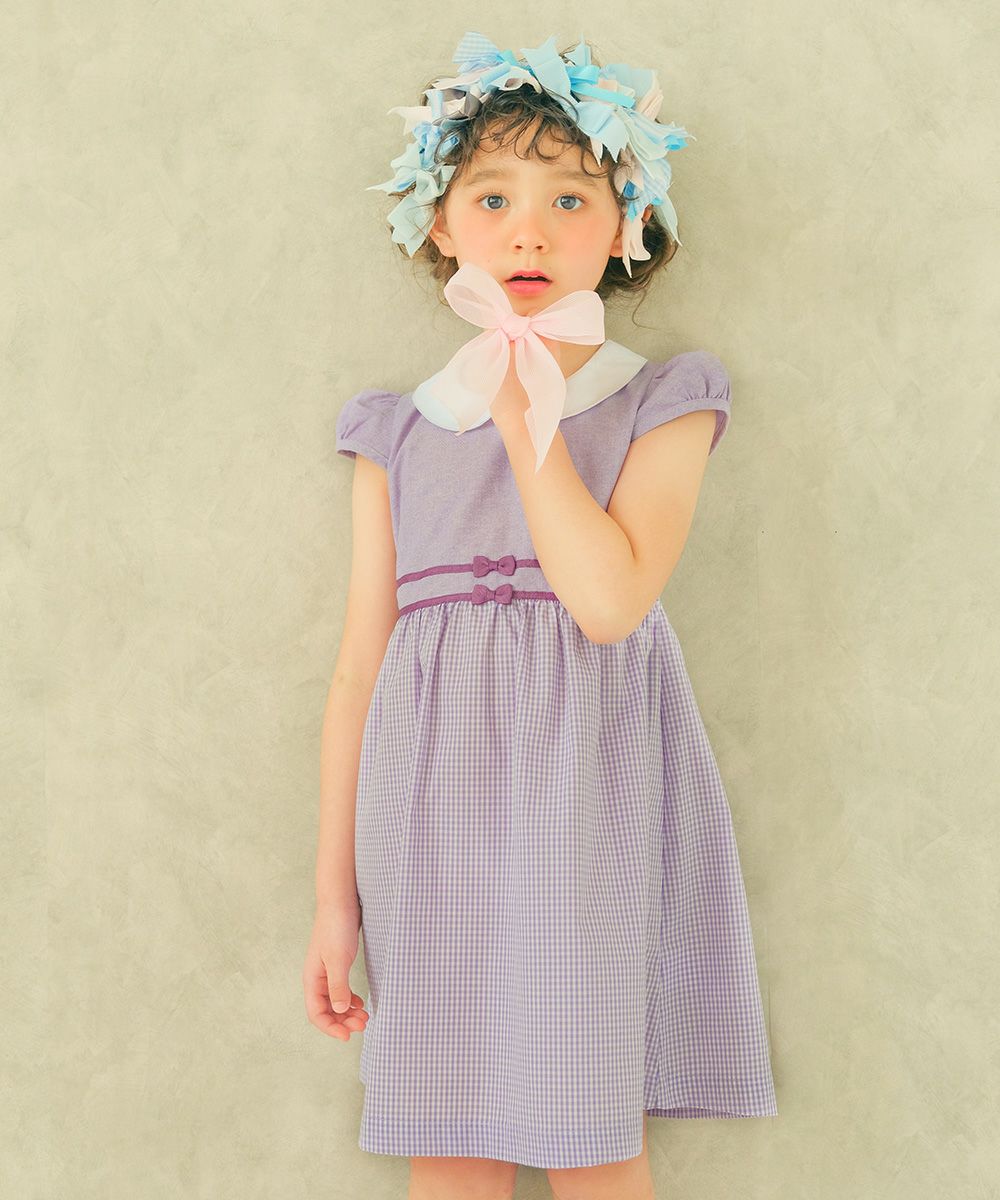 Gingham check dress with collar Purple model image 1