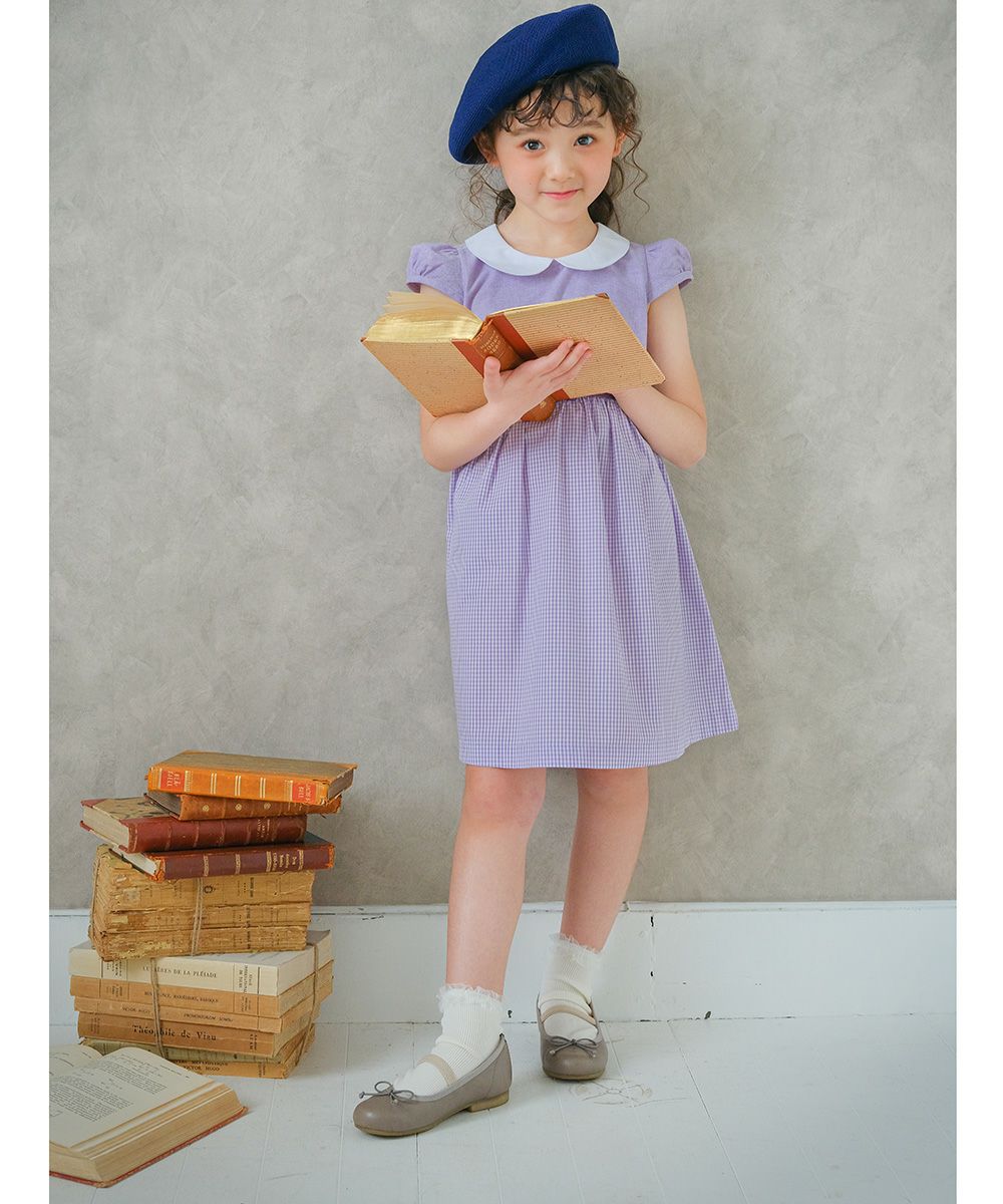 Gingham check dress with collar Purple model image 3