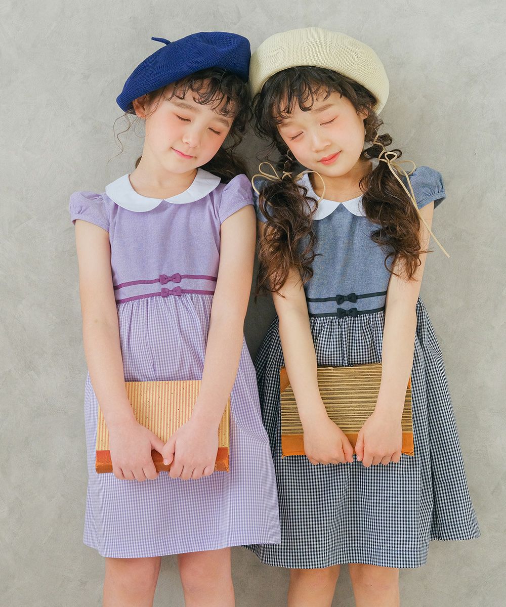 Gingham check dress with collar Purple model image 4