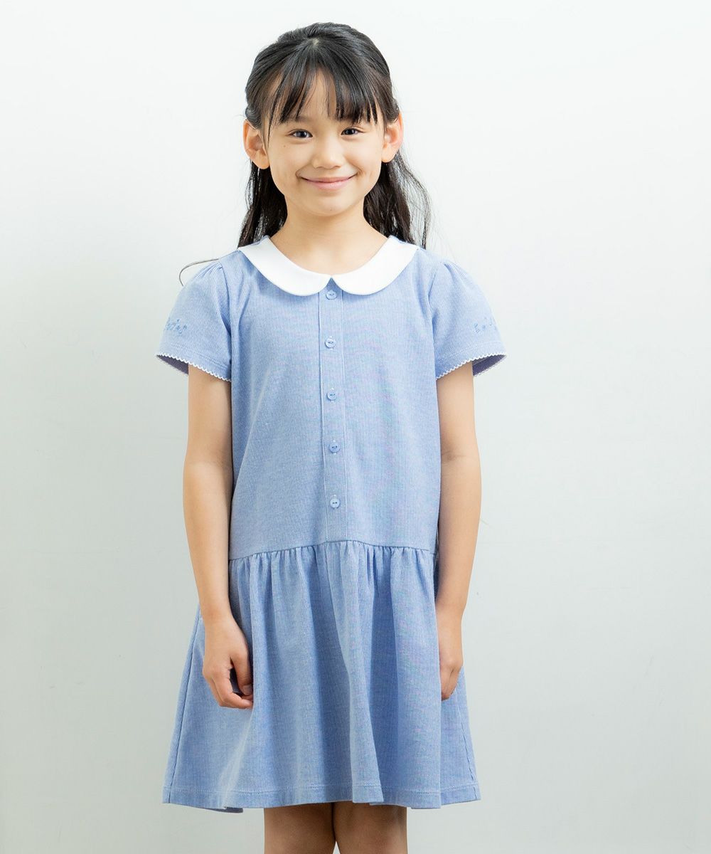 Children's clothing girl striped pattern with collar One -piece blue (61) model image up
