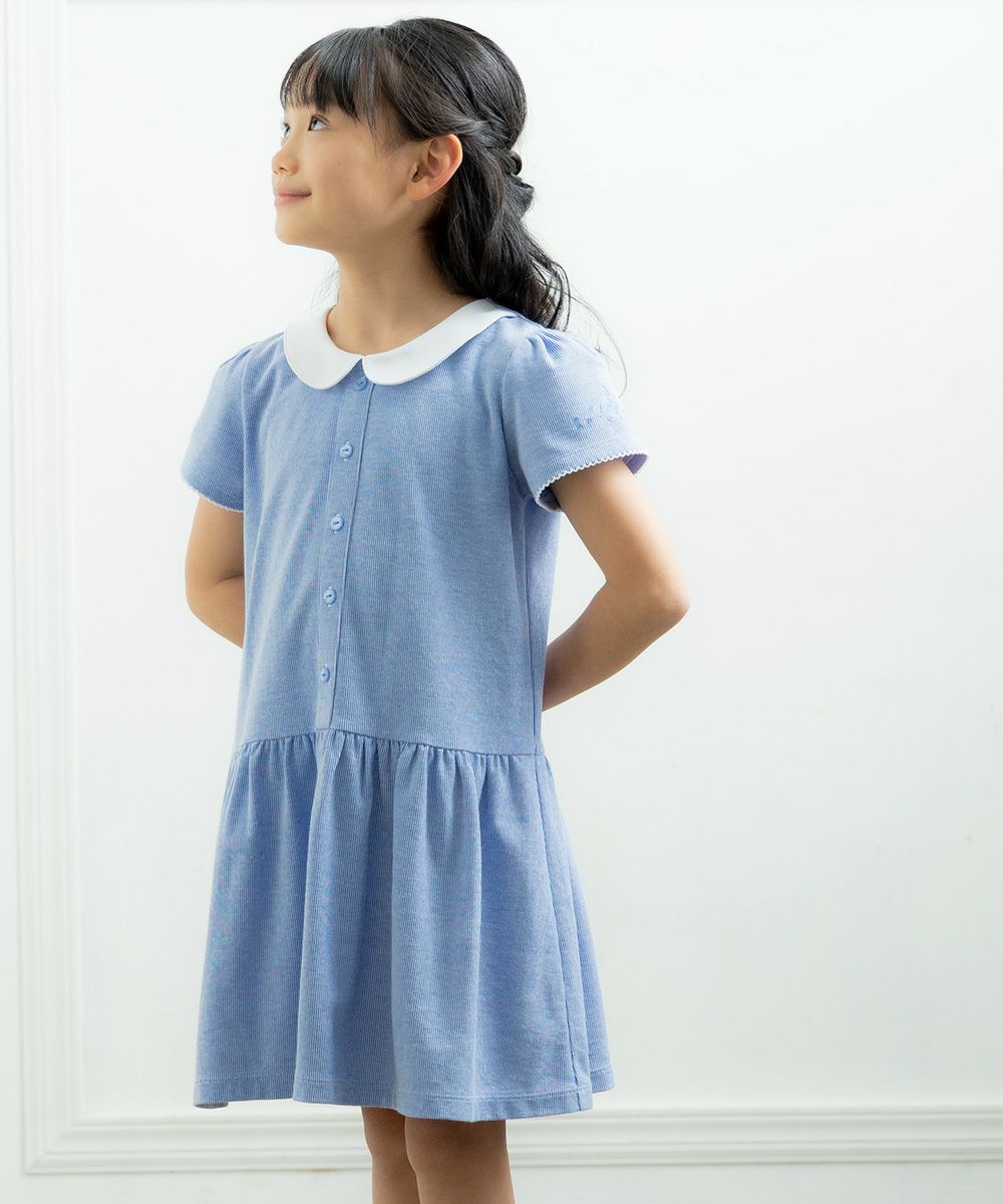 Children's clothing girl striped pattern with collar One piece blue (61) model image whole body