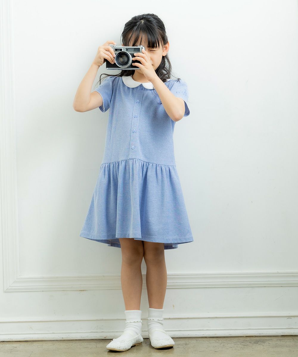 Children's clothing girl striped pattern with collar One piece blue (61) model image 4